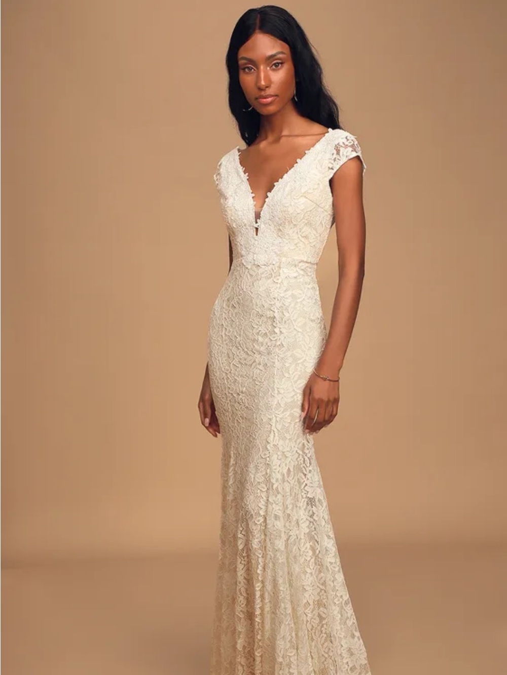 Lulu's Ivory Lace V-Neck Bridal Gown
